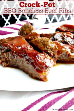 crock pot bbq boneless beef ribs on a white plate