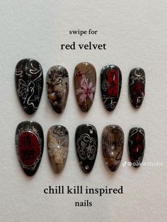 #nailsofinstagram Artsy Nail Art, Deftones Nails, Red Velvet Nails, Velvet Nails, Punk Nails, Goth Nails, Grunge Nails