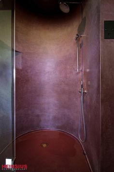 a bathroom with a walk in shower next to a red rug on the floor and walls