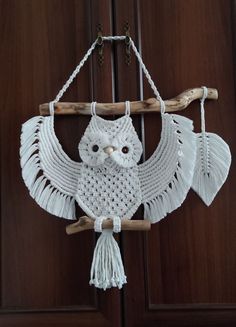 an owl hanging from a wooden door with white tassels on it's wings