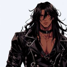 a man with long black hair and red eyes wearing a leather jacket is standing in front of a white background