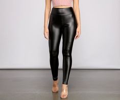 Upgrade basic leggings to liquid leggings! Change up your night out look with high waist liquid leggings that offer a flattering wide waistband. a slim fit throughout. and are composed of a faux leather fabric that creates a luxe finish. Complete the outfit with a lace bustier and statement earrings.Fit & Features High-rise fit Wide waistband Slim fit throughout Stretchy faux leather fabric Form-hugging fit Runs true to size Black Liquid Leggings, Faux Leather Leggings Outfit, Patent Leather Leggings, Leather Leggings Outfit, Black Leather Leggings, Basic Leggings, Bachelorette Outfits, Liquid Leggings, Lace Bustier