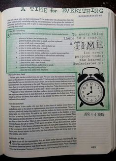 an open bible with a clock on the page and time for everything written in it