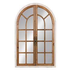 an arched wooden door with glass panels on the top and bottom half, against a white background