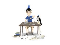 a boy is sitting at a table with a bird on his head and papers scattered around him