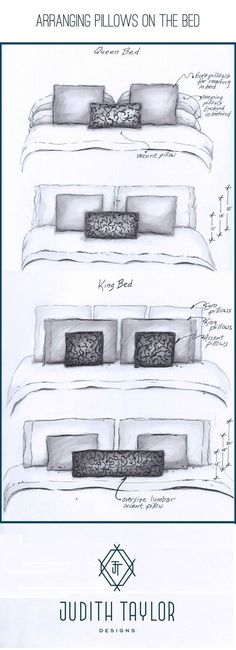 an image of a bed with four different pillows on the top and bottom, as well as