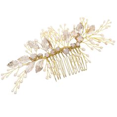 Pearl and Opal Crystal Wedding Hair Comb Add a beautiful medley of opal crystals and freshwater pearls to your wedding day ensemble with this elegant hair comb by Athena Crystal Couture. Plated in gold, this stunning hand-wired bridal comb features fiery opal crystals, freshwater pearls, and hand-painted gold leaves for a beautiful presentation. This flexible comb will provide a romantic touch of sparkle to accent your bridal look. Size: about 5 1/2" long. Color: Gold / Opal. Style: C9226. Just stunning! Please allow about 2 weeks for delivery. Shipping Policy . Return Policy Beaded Edge Veil, Pearl Bridal Hair Comb, Winter Wedding Accessories, Beaded Wedding Veils, Fingertip Wedding Veils, Pearl Bridal Hair, Floral Wedding Hair, Rose Gold Tiara, Bridal Hair Combs Pearl