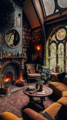 a living room filled with lots of furniture and large arched windows next to a fire place