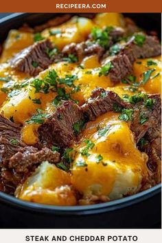 steak and cheddar potato casserole is shown in a skillet with the title