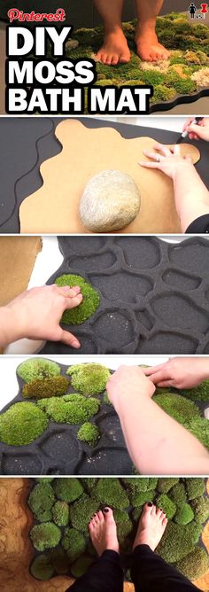 the process to make moss bath mat is shown in three different pictures, including hands and feet