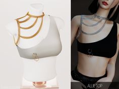 a mannequin with multiple chains on it's chest and an image of a woman wearing a bra