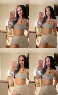 four pictures of a woman taking a selfie with her cell phone in the mirror