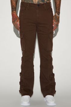 Available In Dark Brown. Stacked Slim Flare Fit Button Closure Zip Fly 5 Pocket Body Cargo Pockets Straps Detail 98% Cotton 2% Spandex Imported | Mens Cadell Stacked Slim Flare Cargo Pants in Dark Brown size 32 by Fashion Nova Flare Cargo Pants, Brown Fashion, Cargo Pants, Mens Pants, Fashion Nova, Dark Brown, Spandex, Pants, Trousers