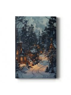 a painting of a winter scene with houses and trees in the snow, lit up by street lights