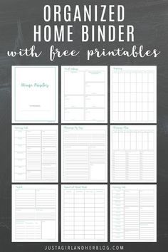 the organized home binder with free printables is shown on a chalkboard