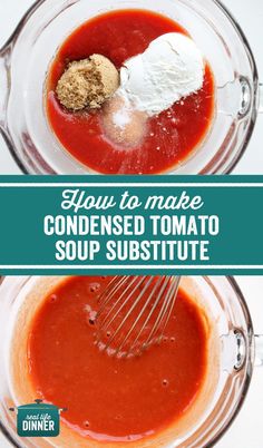 the ingredients for homemade tomato soup in a blender with text overlay that reads, how to make condenseed tomato soup