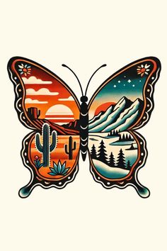 a colorful butterfly with mountains and trees on it's wings, flying through the air