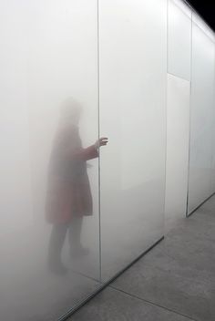 a woman standing in front of a wall covered in frosty white walls with her hand on the glass door