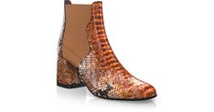 Everyday Booties 7746 Orange Leather Ankle-high Boots, Orange Leather High Heel Boots, Orange Boots With Reinforced Heel And Round Toe, Heel Chelsea Boots, Heeled Chelsea Boots, Stamped Leather, Animal Prints, Heeled Ankle Boots, Yellow Orange