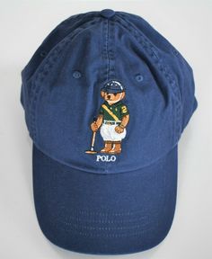 Brand: POLO RALPH LAUREN SPORT Main color: boathouse navy Our iconic Polo Bear is dressed for a spirited polo match on the front of this cotton chino ball cap ONE SIZE Signature embroidered Polo Bear and "Polo" at the front. Seamed bill. Six-panel construction. Embroidered ventilating eyelets. "Polo Ralph Lauren" embroidery and a buckled leather strap at the back. Sweatband at the interior. Approx. 23¼" inner circumference. Imported. Composition: 100% cotton. 100% leather. Condition: new with ta Polo Bear Outfit, Polo Bear Knit Sweater, Polo Ralph Lauren Cap, Ralph Lauren Baseball Cap, Polo Bear Ralph Lauren, Polo Ralph Lauren Baseball Cap, Ralph Lauren Polo Bear, Ralph Lauren Sport, Clothes Wishlist