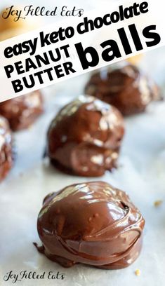 easy keto chocolate peanut butter balls on a baking sheet with text overlay that reads easy keto chocolate peanut butter balls