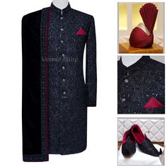 Luxury micro embellished black sherwani for groom | Black sherwani for groom Black Sherwani Men, Black Sherwani For Groom, Sherwani Design, Black Sherwani, Sherwani For Groom, Formal Attire For Men, Sherwani For Men Wedding, Prince Coat, Groom Dress Men