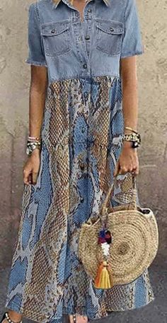 Denim Dresses For Women, Button Up Maxi Dress, Vacation 2023, Printed Long Skirt, Leopard Print Maxi Dress, Collar Fashion, Light Blue Shorts, Dress Denim