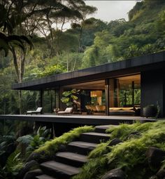 the house is surrounded by lush vegetation and trees