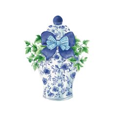 a blue and white vase with flowers on the side, painted in watercolors