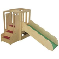 a child's wooden play set with stairs and ramp for climbing up to the top