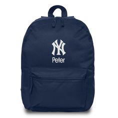 This New York Yankees backpack is the perfect way for your child to show off their fandom wherever they go! With padded adjustable straps and an extra front zipper compartment, this backpack has everything your little one needs. This bag is embroidered with the Yankees logo and your little one’s name or nickname underneath! This backpack measures 16” tall. Tag Us on Instagram using the hashtag #designsbychadandjake Shop all Yankees Gear | Shop all MLB Gear Back To School Backpack With Logo, School Spirit Travel Backpack, School Backpack With Logo For Back To School, Back To School Logo Backpack, School Backpack With Logo, Everyday Backpack With Embroidered Logo, Everyday School Spirit Backpack, College Backpack For End Of School Year, Standard Backpack For College And End Of School Year