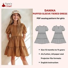 Exclusive patterns from the author of Tiana's Closet Sewing Patterns. Visit my blog for more ideas, sewing tips and free patterns: https://tianascloset.com/ The Danika puffed sleeve tiered dress is a simple, beautiful design that can be worn to many occasions like birthday party, Christmas party, weddings, graduation, vacation and more. This dress is suitable for both smaller and older girls. Make a Laurel dress in fun print or pattern, and give make your girl's day! Main features of the Danika Tiana’s Closet Sewing Patterns, Kids Dress Sewing Pattern, Sewing Patterns For Kids, Dress Sewing Pattern, Girl Day, Dress Sewing Patterns, Easy Kids, Design Simple, Girls Clothes