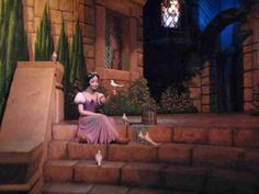 a woman sitting on the steps in front of a castle with birds flying around her