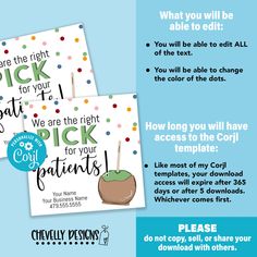 two cards with the words pick for your patients and an image of a green apple