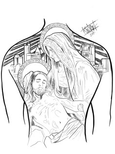 a drawing of jesus and mary in black and white