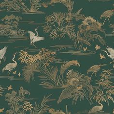 a wallpaper with birds, plants and other things in gold on a green background