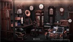 a room filled with lots of clocks and furniture