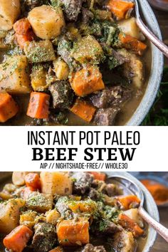 two pictures with different types of stew in them and the words instant pot beef stew with butternuts squash