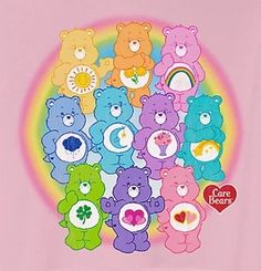 a group of teddy bears sitting in front of a rainbow colored circle with the words care bears on it