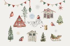 watercolor winter clipart set with birds, houses, trees and snowflakes