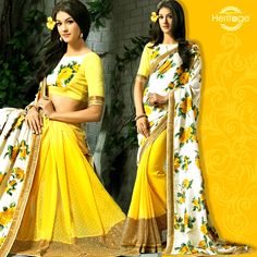 Yellow And White Georgette Half N Half Saree Raw Silk Blouse, Georgette Skirt, Sequence Work, Lemon Yellow