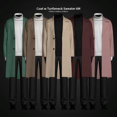 a row of men's coats and pants in different colors