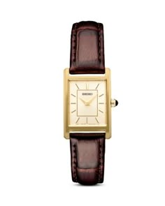 Seiko Essentials Watch, 18.9mm Analog Watch Women, Simple Watches Women, Seiko Essentials, Seiko Watches Women, Square Watches, Rectangle Watch, Brown Watch, Brown Leather Strap Watch, Seiko Watch