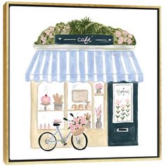 a watercolor painting of a cafe with a bicycle parked outside the front door and pink flowers on the awning