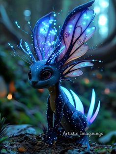 a blue and purple fairy dragon figurine sitting on top of a moss covered ground