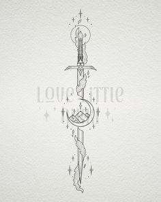 a drawing of a dagger with the word love in it and an image of a cross on