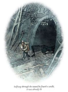 an illustration of a man with a camera in front of a tunnel that is surrounded by trees