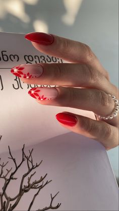 Red April Nails, Red Biab Nails Design, Red And Flower Nails, Red Tip Nails With Flowers, Red Nails Design Prom, Red Nail Designs With Flowers, Short Almond Nails Red Art Designs, Red Spring Nail Designs, Red Flower Design Nails