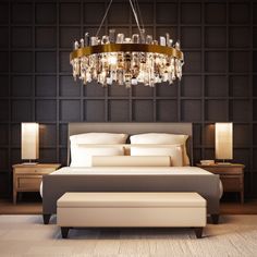 a bedroom with a large bed and a chandelier hanging from the ceiling above it