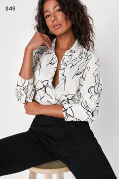 Take workday chic to a new level with the Lulus Artistically Chic Ivory and Black Abstract Print Button-Up Top! Lightweight woven fabric, with a minimalist abstract print throughout, shapes long sleeves with button cuffs and a collared neckline. Bodice has a functional button placket at front, atop rounded hems. Fit: This garment fits true to size. Length: Size medium measures 26.50" from shoulder to hem. Bust: Great for any cup size. Waist: Not Fitted - comfortable room throughout midsection. U White Floral Print Office Blouse, White Floral Print Blouse For Office, Chic Printed Blouse For Workwear, Chic Abstract Print Tops For Work, Chic Abstract Print Top For Workwear, Chic Tops With Abstract Print For Work, Elegant Abstract Print Blouse For Spring, Chic Workwear Tops With Abstract Print, Elegant Spring Blouse With Abstract Print